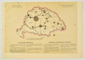 cca 1920 Iparoktatási intézmények 1913-ban, a Magyarország gazdasági térképekben kiadványból, magyar és francia magyarázó szöveggel, a trianoni határok feltüntetésével, 26,5×37,5 cm