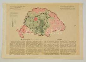 cca 1920 Kenyérmag (búza, rozs) felesleg ás hiány megyénként, a Magyarország gazdasági térképekben kiadványból, magyar és francia magyarázó szöveggel, a trianoni határok feltüntetésével, 26,5×37,5 cm