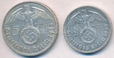 Német Harmadik Birodalom 1938A 5M Ag "Hindenburg" + 1939A 2M Ag "Hindenburg" T:2...