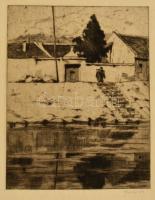 Bajor Ágost (1892-1958): Rakpart. Rézkarc, papír, jelzett, 28×22 cm