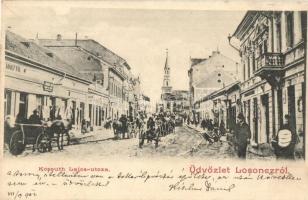 Losonc, Lucenec; Kossuth Lajos utca, Herz Adolf és fia üzlete / street view with shops