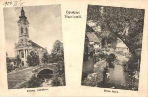 Tiszolc, Tisovec; Evangélikus templom, Rima folyó. Morvay Sámuel kiadása / church, river