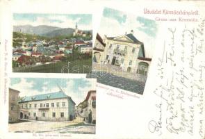 Körmöcbánya, Kremnica; M. kir. pénzverő hivatal, Sz. k. főbányaváros székesháza. Paxner J. és Biron H. kiadása / town hall, mintage office