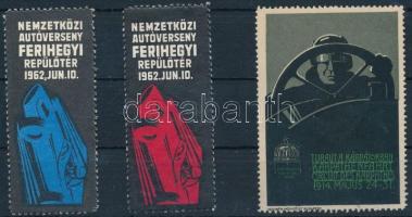 1914-1962 Autósporttal kapcsolatos 3 db levélzáró (Túraút a Kárpátokban, Nemzetközi autóverseny Ferihegy)