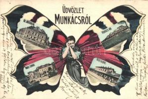 Munkács, Mukacheve, Mukacseve; Járásbíróság, vár, vasútállomás, színház. Szecessziós pillangós montázs képeslap / court, castle, railway station, theatre. Art Nouveau butterfly lady montage postcard