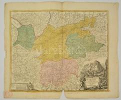 cca 1700 Tirol térképe. Comitatus principalis Tirolis in quo episc. Tridentin et Brixensis comitatus ... Homann, Johann Baptist (1663-1724). Nagyméretű színezett rézmetszetű térkép. Kis hiánnyal. / Large etched map of Tirol. Small part missing. 67x58 cm