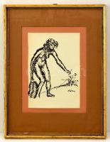 Rippl-Rónai József (1861-1927): Virágot szedő akt. Cinkográfia, papír, jelzett a cinkográfián, paszpartuban, üvegezett keretben, 23×16 cm