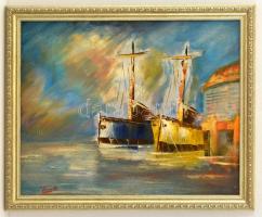 Toretti jelzéssel: Tengeri kikötő. Olaj, vászon, keretben, 37×47 cm