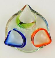 Dekoratív színes üveg hamutál, kopásokkal, 14,5×14,5×4 cm