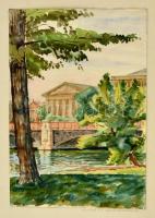 Sostarics Lajos (1896-1968): Városligeti tó a Szépművészeti Múzeummal, akvarell, papír, jelzett, kartonra ragasztva, 27×18,5 cm