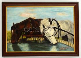 Tukay jelzéssel: Szomjas lovacskák. Olaj, vászon, keretben, 40×60 cm