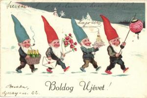 Boldog Újévet! / New Year greeting card with celebrating dwarfs (EK)