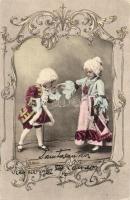 2 db RÉGI gyerek motívumos művészlap, gyerekek barokk ruhában, E. Ernst aláírásával / 2 pre-1945 chi...