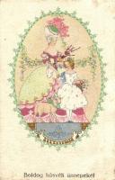 Boldog Húsvéti Ünnepeket! / Easter greeting card, lady with a girl and a lamb, art postcard, B.K.W.I. 4637-3. (EB)
