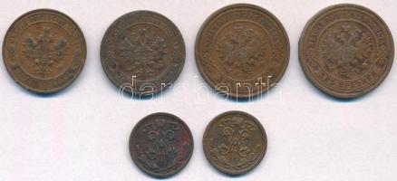 Orosz Birodalom 1898-1912. 1/2k Cu "II. Miklós" (2x)  + 1904-1916. 1k Cu "II. Miklós" (2x) + 1909-1913. 2k Cu "II. Miklós" (2x) T:2 ph.  Russian Empire 1898-1912. 1/2 Kopek Cu "Nicholas II" (2x) + 1904-1916. 1 Kopek Cu "Nicholas II" (2x) + 1909-1913. 2 Kopeks Cu "Nicholas II" (2x) C:XF edge error Krause Y#48.1, Y#9.2, Y#9.3, Y#11.2