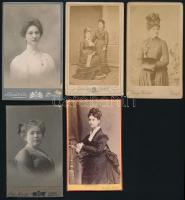 cca 1860-1890 Vegyes keményhátú fotótétel, 10 db, női portrék, Arad Ravasz Imre, Bp. Schmidt Ede, Esseg Georg Knittel, Wien F.X.Adler, Prága M. Klempfner, Eperjes Schwarz Adolf, Brassó Leopold Adler, Rezesy József, Bp. Singberger Béla, Ujpest Sellei Károly,  11x6.5 cm és 10x6 cm közötti méretben.