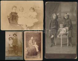 cca 1860-1890 Vegyes keményhátú fotótétel, 10 db, gyermek portrék, Bp. Schmidt Ede (4 db), Bp. Ráday, Bp. Schnitzler Gyula, Pest J. Schrecker, Brassó Schuller J. és fia, Szászváros Adolf Schuller, Pápa Skoff  testvérek, 20x11 cm és 10x6 cm közötti méretben.