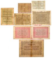 1849. 15kr  + 30kr  + 1848. 1Ft + 2Ft  + 5Ft vörösesbarna, piros tintafolttal (érvénytelenítés?) + 5...