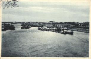 Komárom, Komarno; Duna vízimalmokkal és uszályokkal / floating mills, barges