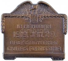 1919. "IN MEMORIAM 1919. JAN.29. BALASSAGYARMAT" a balassagyarmati "csehkiverés"-nek emléket állító Br lemezjelvény (46x51mm) T:2 / Hungary 1919. "IN MEMORIAM 1919. JAN.29. BALASSAGYARMAT" Br commemorative badge for the push back of the Czechoslovakian troops (46x51mm) C:XF