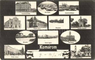 Komárom, Komárno; Grand kávéház, téli kikötő, látkép, izraelita templom, zsinagóga, Eötvös utca, múzeum, Katona templom, vasútállomás, telelő gőzhajók, városháza, Nádor utca, Jókay utca, Spitzer Adolf és Társa üzlete, E. D. K. 186. / café, winter harbor, general view, synagogue, street view, church, railway station, steamships, city hall, shops (EK)