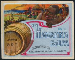 cca 1920 Gschwindt Havanna Rum italcímke, litográfia, 8,5x7 cm