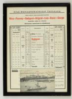 cca 1930-1940 Az Első Dunagőzhajózási Társaság menetrendje bekeretezve, dunai gőzhajót ábrázoló képeslappal, 32x24 cm