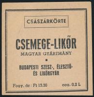 cca 1950 Császárkörte csemege likőr, Budapesti Szesz-, Élesztő- és Likőrgyár, 5,5x5,5 cm