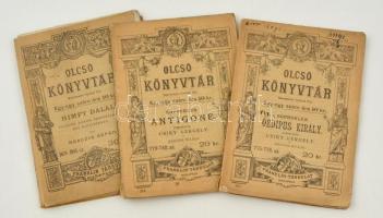 Az Olcsó könyvtár sorozat 3 füzete: Berczik Árpád: Himfy dalai (1899); Sophokles: Antigone (1891); Sophokles: Oedipus király (1891). Papírkötésben, példányonként változó állapotban.