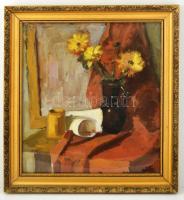 Biró Ferenc (1921-2001): Virágcsendélet, olaj, vászon, üvegezett díszes fa keretben, 52,5×47,5 cm
