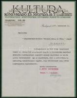 1927 Kultura Könyvkiadó és Nyomda Rt. díszes fejléces levele, 27,5x21,5 cm