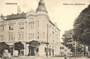 Temesvár, Timisoara; Józsefváros, Arany utca, Takarékpénztár, üzletek, Gerő Manó kiadása / street view, savings bank, shops (EK)