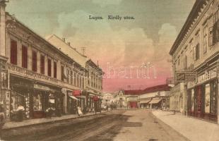 Lugos, Lugoj; Király utca, Mayer Károly vaskereskedése Az Arany Lóvakaróhoz, Sziklai Lajos könyvnyomdája, Grimm Adolf üzlete / street view with shops (EK)