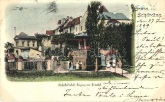 1899 Schärding, Wasserheilanstalt, Eingang vom Brünthal / spa entry
