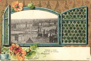 Budapest I. Látkép a várból, Art Nouveau ablakos művészlap, H. Kampmann Emb. litho (EK)