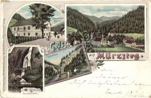 1899 Mürzsteg, G. Hausbecks Gasthof, Kais-Jagdschloss, Lanau Wand, Das Todte Weib / guest house, hunting castle, Regel & Krug, Art Nouveau, floral, litho (EK)