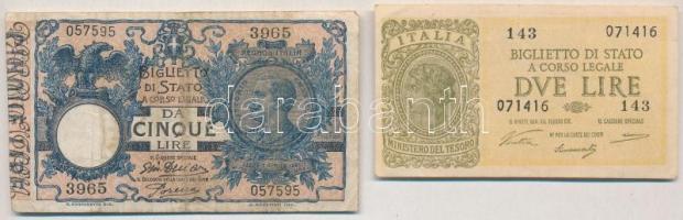 Olaszország 1918. 5L + 1944. 2L T:III,III- Italy 1918. 5 Lire + 1944. 2 Lire C:F,VG Krause 23.e; 30.a