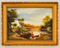 Eötvös jelzéssel: Kereskedő csónakok. Olaj, falemez, keretben 13×18 cm