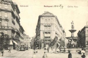Budapest VIII. Kálvin tér, villamos, Magyar Lámpagyár, szökőkút (EK)