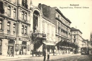 Budapest VI. Nagymező utca, Fővárosi Orfeum, Müller J. Károly vendéglője, borozó és étterem, villamos (EK)