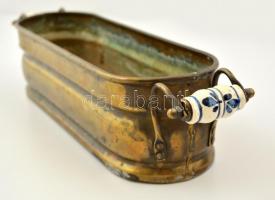 Régi réz párologtató edény kerámia fogókkal, 42x11x9 cm