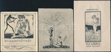 cca 1900-1940 6 db-os külföldi erotikus ex libris gyűjtemény, különféle technikával és méretben,művészek: Fingesten ( 2db), Baruffi, 3 db jelzés nélkül