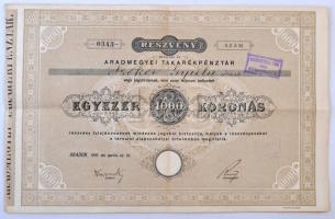 Osztrák-Magyar Monarchia / Arad 1910. Aradmegyei Takarékpénztár névre szóló részvénye 1000K értékben, ELŐVÉTELI JOG GYAKOROLVA 1911. felülbélyegzéssel és szárazpecséttel T:III / Austro-Hungarian Empire / Arad 1910. Aradmegyei Takarékpénztár (Arad County Savings Bank) saving banks share with shareholders name about 1000 Korona, with overprint and embossed stamp C:F