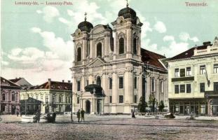 Temesvár, Timisoara; Losonczy tér, Holz Eberhard üzlete, templom. Divald Károly / square, shops, church