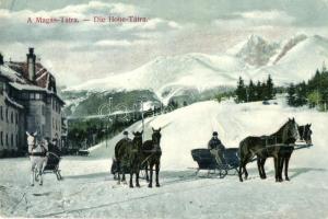 Tátra, síelők lovas szánokon / skiers on horse sled, sleigh (EK)