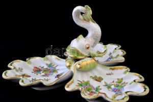 Herendi Viktória mintás hármas kínáló, Koi hal figurával a közepén, kopott aranyozás, jelzett, 44×40...