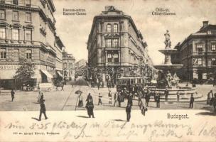 Budapest VIII. Baross utca és Üllői út, gyógyszertár, villamos, Magyar Fém- és Lámpaárugyár, vendéglő; kiadja Divald Károly 109.  (fl)