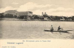 Lugos, Lugoj; Kir. törvénykezési palota és a Temes folyó, csónakázók, Auspitz Ad. kiadása / court, river, rowing boat (EK)
