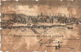 Budapest, látkép 1750-ben, híd, Kaucky L. kiadása Prágában (EK)