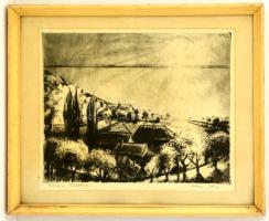 Kórusz József (1927-2010): Tavasz a Balatonon. Rézkarc, papír, jelzett, üvegezett keretben, 31×40 cm